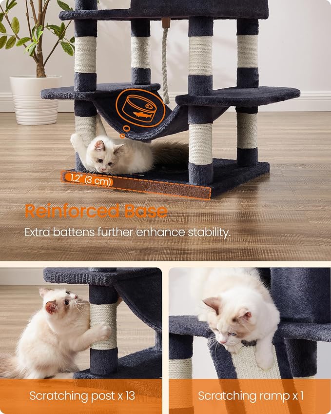 Feandrea Cat Tree, 66.1-Inch Large Cat Tower, 2 Perches, 2 Caves, Smoky Gray - Image 8