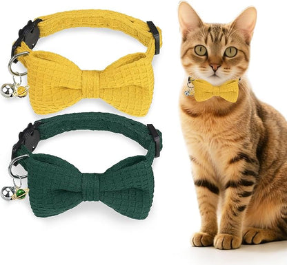 Cat Collar Breakaway with Bells, Soft Cotton Green Cat Bowtie Collar by DILLYBUD