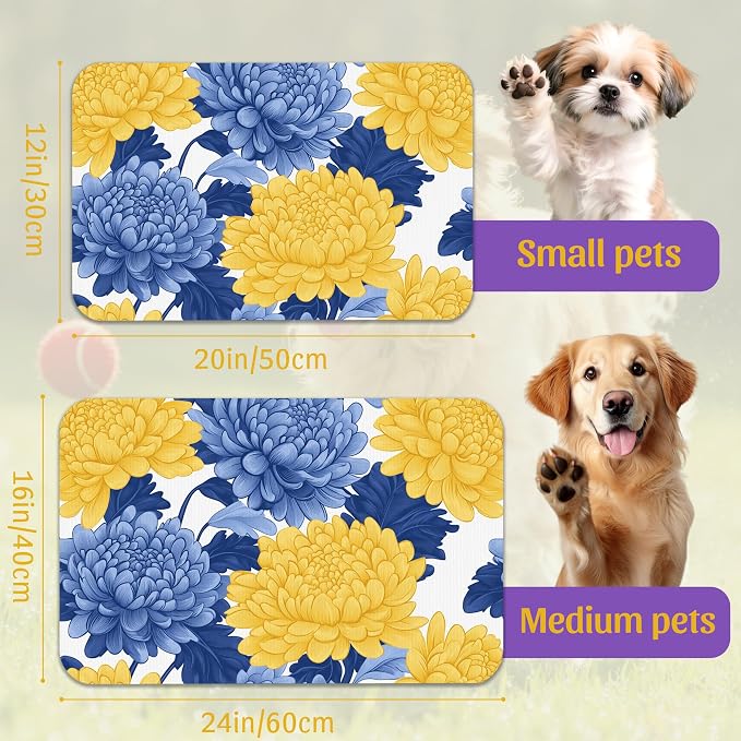 Blue Yellow Flowers Pet Feeding Mat, Quick Dry Absorbent Water Bowl Mat - Image 2