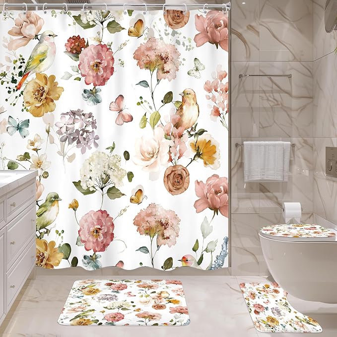 4 PCS Spring Floral Birds Bathroom Set - Image 4