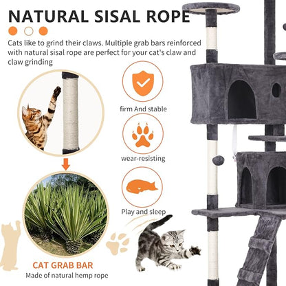 BestPet | 70" Cat Tree Tower | Light Gray | Sturdy, Hanging Cat Toys, - Image 4