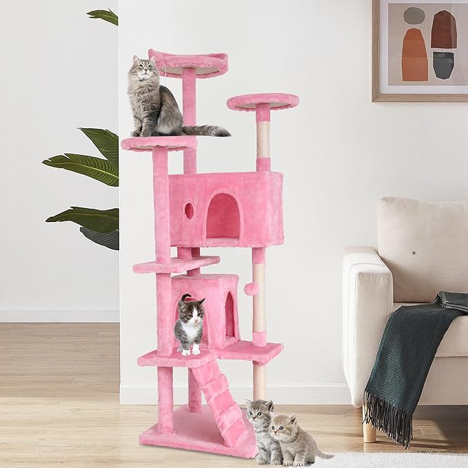 BestPet | 70" Cat Tree Tower | Pink | Sturdy, Hanging Cat Toys, Observation - Image 2