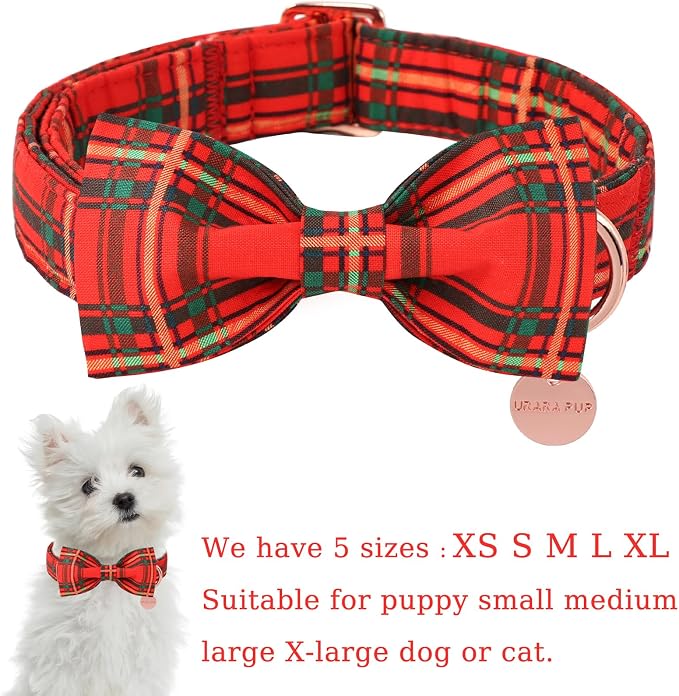 Christmas Dog Collar with Bow Tie, Cotton Christmas Plaid Collar - Image 2