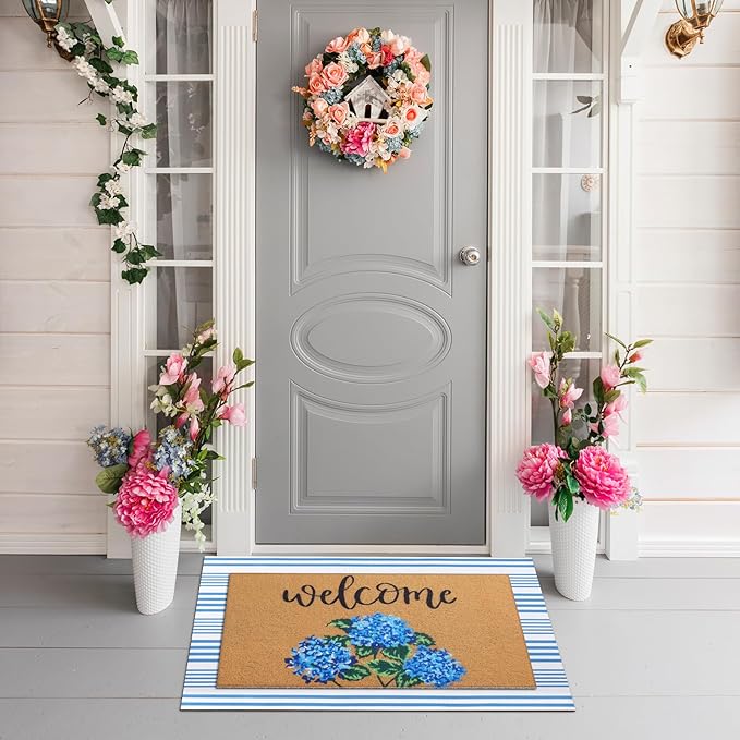 Tinideya 2 Pcs Hydrangea Door Mat Blue and White Stripe Welcome Non Slip Flower - Image 6