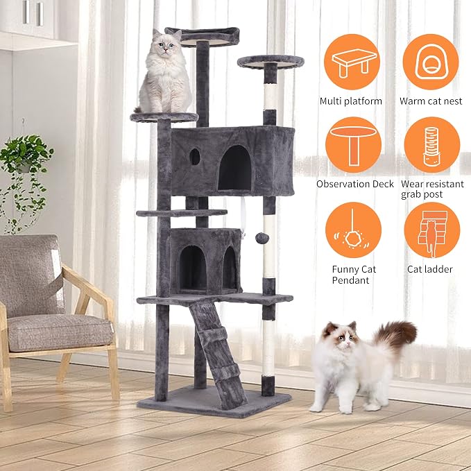 BestPet | 70" Cat Tree Tower | Light Gray | Sturdy, Hanging Cat Toys, - Image 5