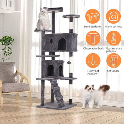 BestPet | 70" Cat Tree Tower | Light Gray | Sturdy, Hanging Cat Toys, - Image 5