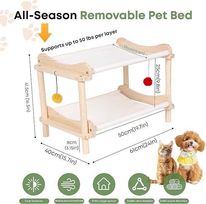 2-Layer Cat Hammock Bed, Breathable Washable Covers, Wooden Pet Furniture - Image 2
