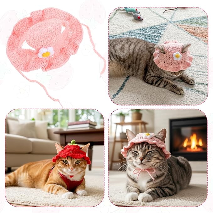 2PCS Strawberry Cat Hats Cute Flower Crochet Hats - Image 7