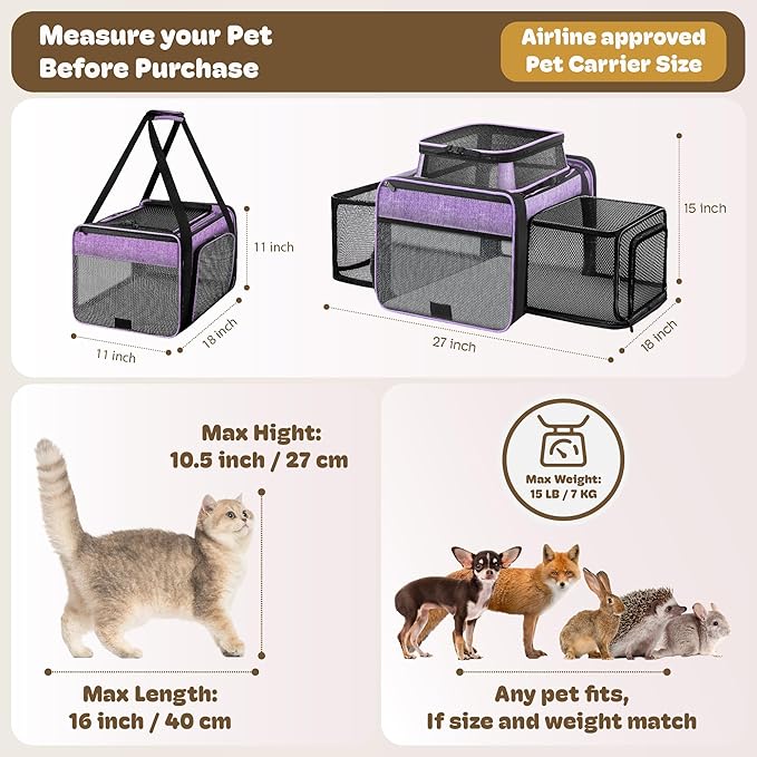 Top and 2 Sides Expandable Cat Carrier 18x11x11, TSA Airline Approved Dog - Image 4