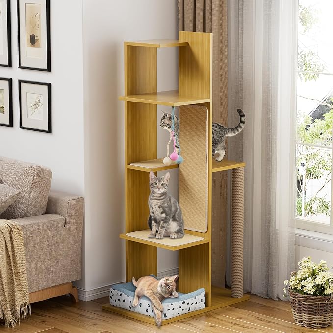 PAKASEPT 65.5" Tall Cat Tree, Cat Bed, Cat Balls, Freestanding Wooden Cat by PAKASEPT