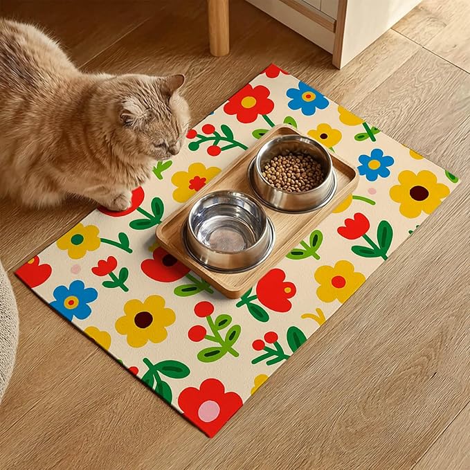 Pet Feeding Mat 24x16 inch Colorful Flower Print Pet Bowl Placemat Non Slip - Image 2