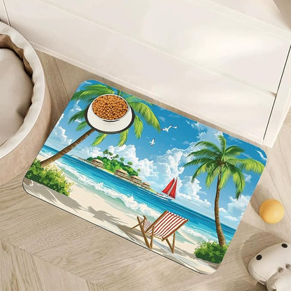 Tropical Beach Dog Food Mat for Floors, Hawaii Palm Tree Absorbent Quick-Dry by Unknown
