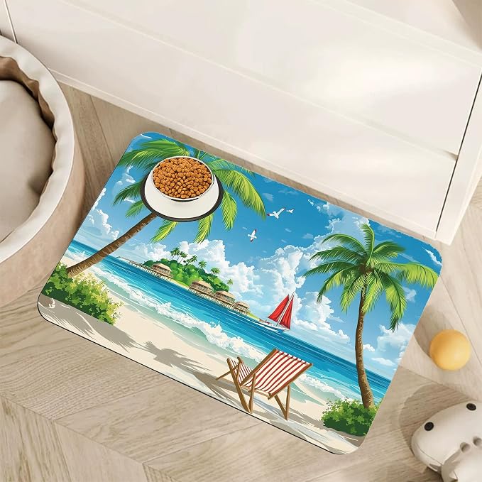 Tropical Beach Dog Food Mat for Floors, Hawaii Palm Tree Absorbent Quick-Dry by Unknown