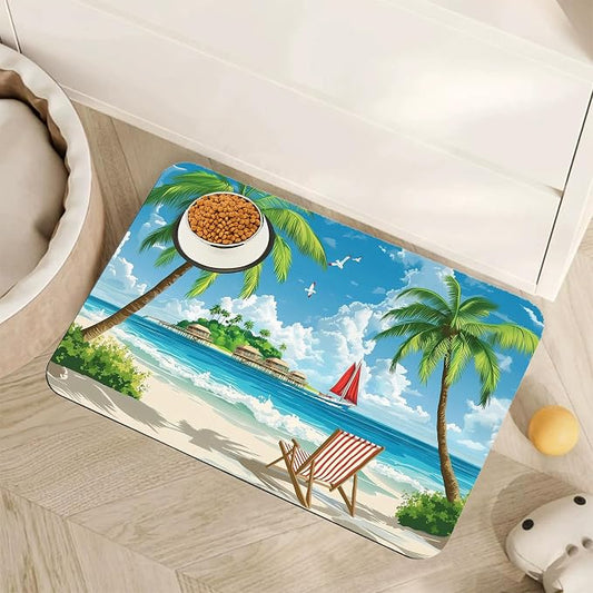 Tropical Beach Dog Food Mat for Floors, Hawaii Palm Tree Absorbent Quick-Dry by Unknown