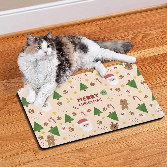 Christmas Dog Food & Water Mat, Paw Prints Santa Claus Snowman Xmas Pet Feeding - Image 4