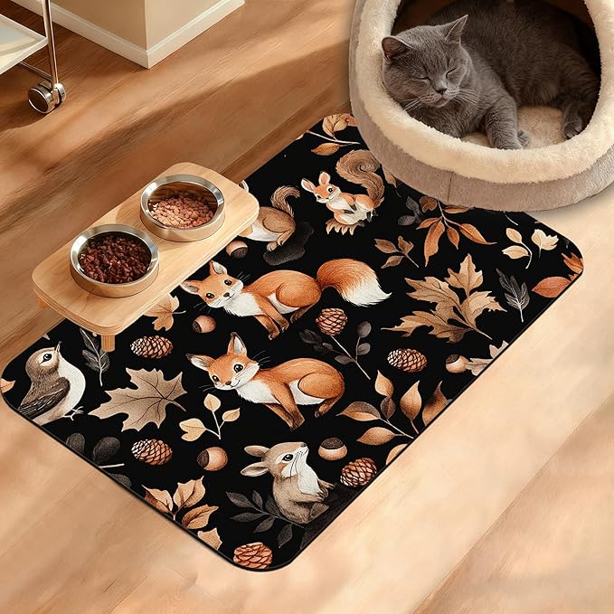 Cute Squirrel Dog Cat Food Mat, Bird Fox Absorbent Waterproof Placemat by Unknown