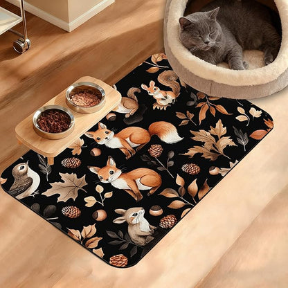 Cute Squirrel Dog Cat Food Mat, Bird Fox Absorbent Waterproof Placemat by Unknown