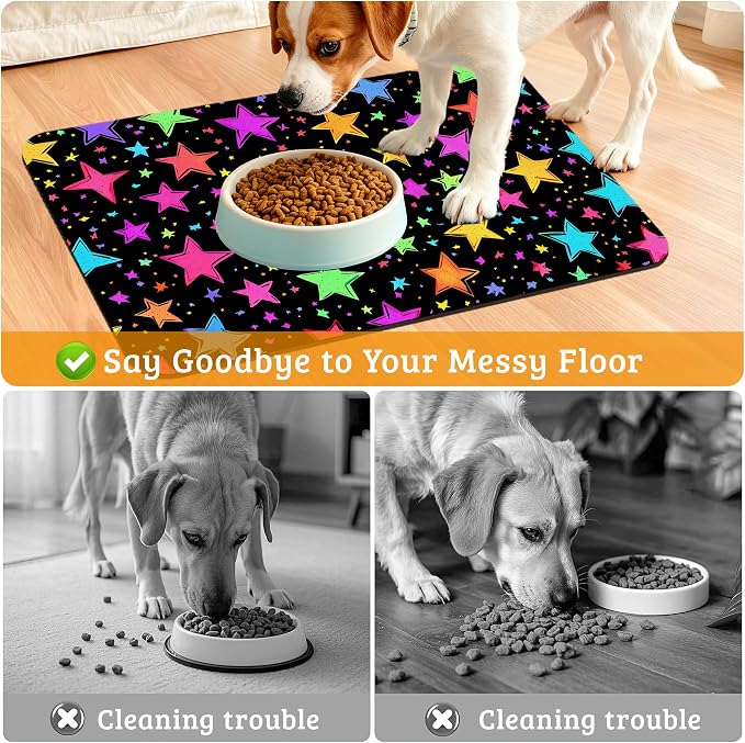 Neon Stars Dog Food Mat, Bright Colorful Absorbent Pet Feeding Mat - Image 4