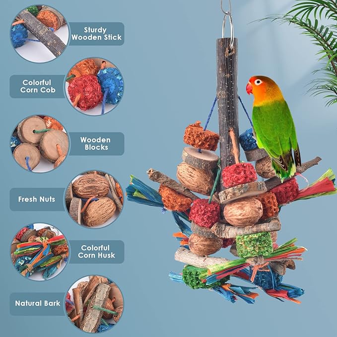 Bissap Bird Chew Toys, Natural Bark Corncob Nuts Parrot Toys and Treats - Image 3