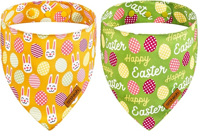 Easter Dog Bandanas with Snap Button, 2 Pack Reversible Spring Bandana by THLOHDogBandanas