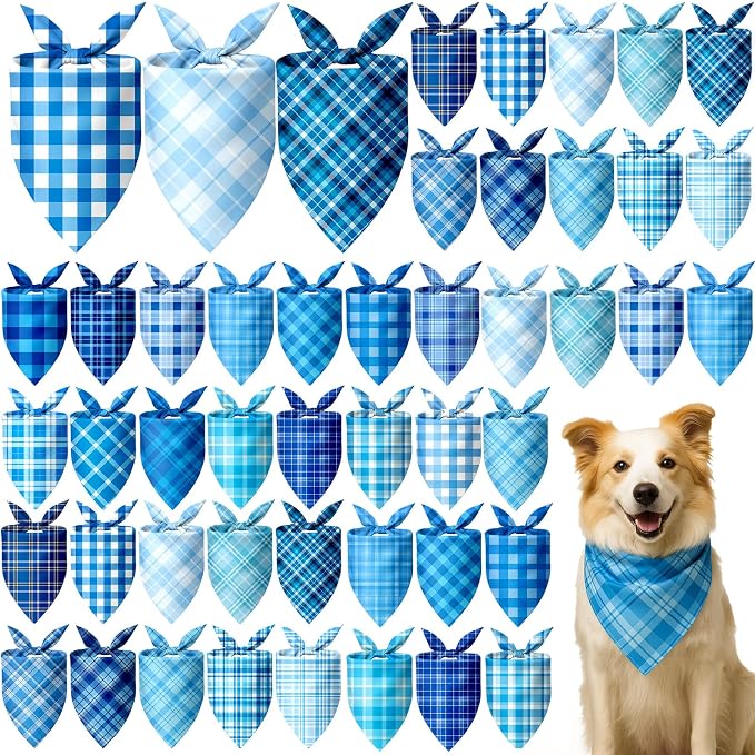 Abbylike 50 Pcs Plaid Dog Bandanas Bulk Blue Checkered Bandanas by Abbylike