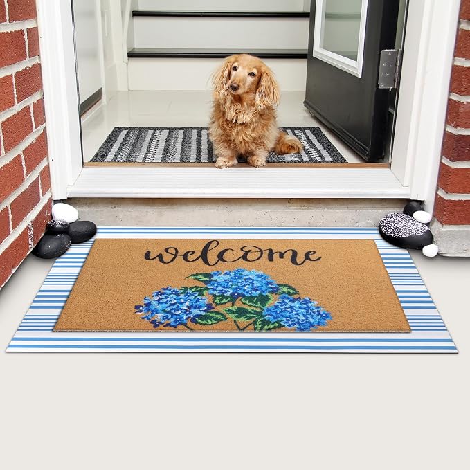 Tinideya 2 Pcs Hydrangea Door Mat Blue and White Stripe Welcome Non Slip Flower - Image 5