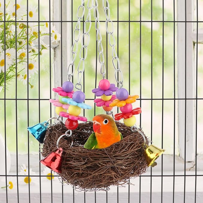 Hypeety Natural Rattan Nest Bird Swing Toy Colorful Flowers Bells - Image 7