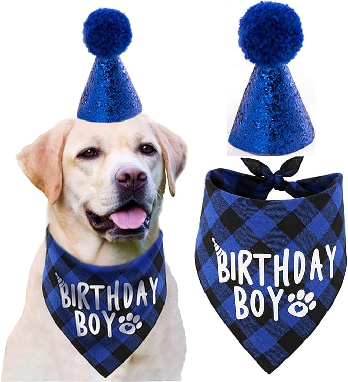Dog Birthday Party Supplies, Pet Birthday Hat and Boy Doggy Birthday Bandana Set by JPB
