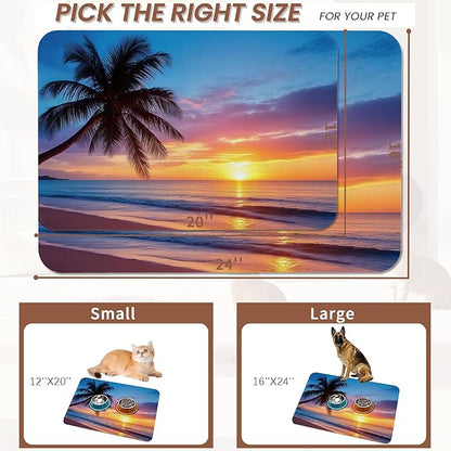 Tropical Palm Pet Feeding Mat, Sunset Trees Sea Beach Absorbent Quick-Dry Cat - Image 2
