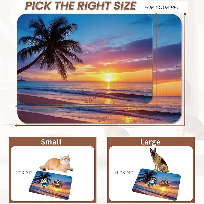 Tropical Palm Pet Feeding Mat, Sunset Trees Sea Beach Absorbent Quick-Dry Cat - Image 2
