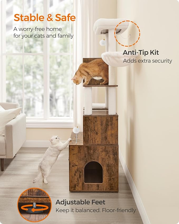 Feandrea Cat Tree with Litter Box Enclosure, 70.1-Inch Tall Cat Tower, 2-in-1 - Image 9