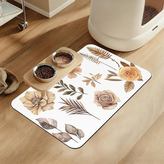Floral Palm Leaves Dog Cat Food Mat–Christmas Stocking Absorbent Waterproof by LUTASER