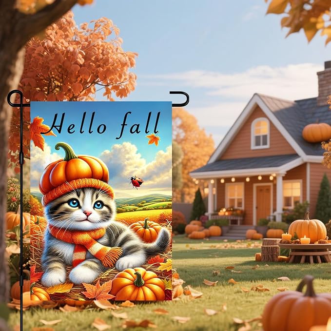 Hello Fall Garden Flag Cute Kitten Pumpkin Hat Scarf Flag 12x18 Inch Autumn Pet - Image 2