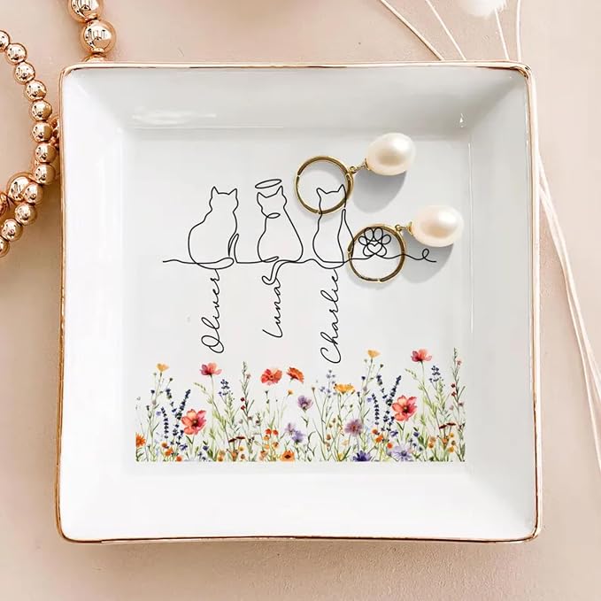 Personalized Pet With Name Jewelry Dish, Custom Cat Floral Ring Dish, Kitty - Image 4