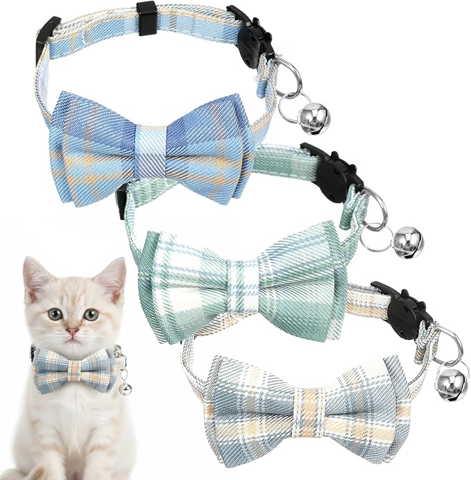3pcs Bow Tie Cat Collar with Bells, Breakaway Bowtie Plaid Cat Collar, Soft by Unknown