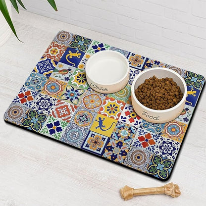 Moroccan Trellis Dog Food & Water Mat, Mexican Talavera Boho Colorful Colorful by Stunnoosy