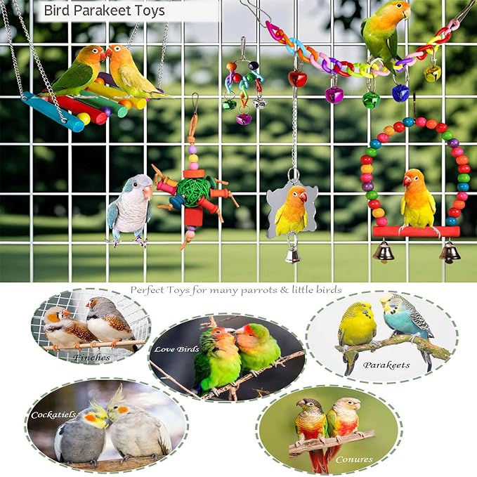 8 Pcs Parakeet Cockatiel Bird Toys, Parrots Cage Accessories Swing Wooden Perch - Image 3