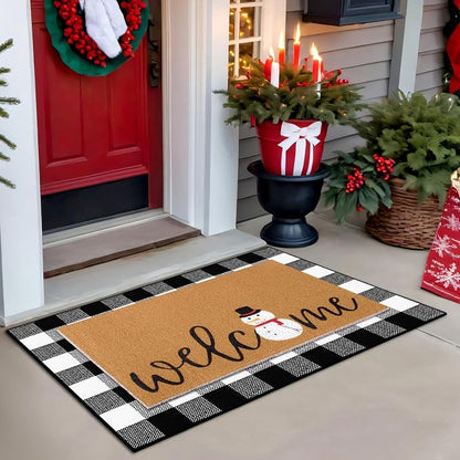 Tinideya 2 Pcs Winter Door Mat Snowman Welcome Non Slip Coir Mats Snow Black - Image 4
