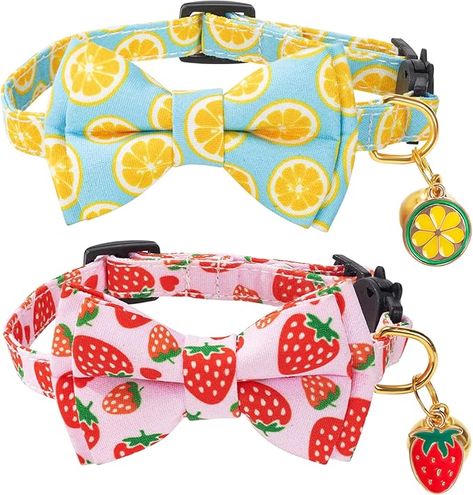Breakaway Cat Collar with Cute Bow Tie Bell 2Pack Lemon Strawberry Summer by PREHAI