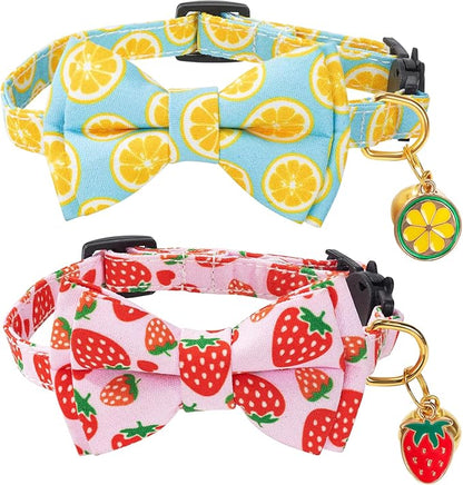 Breakaway Cat Collar with Cute Bow Tie Bell 2Pack Lemon Strawberry Summer by PREHAI