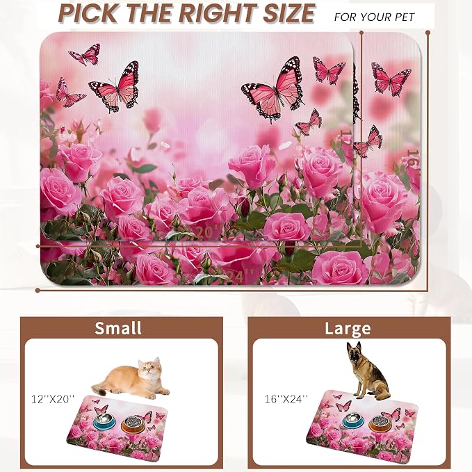 Rose Pink Dog Cat Food Mat, Butterfly Absorbent Pet Feeding Mat - Image 2