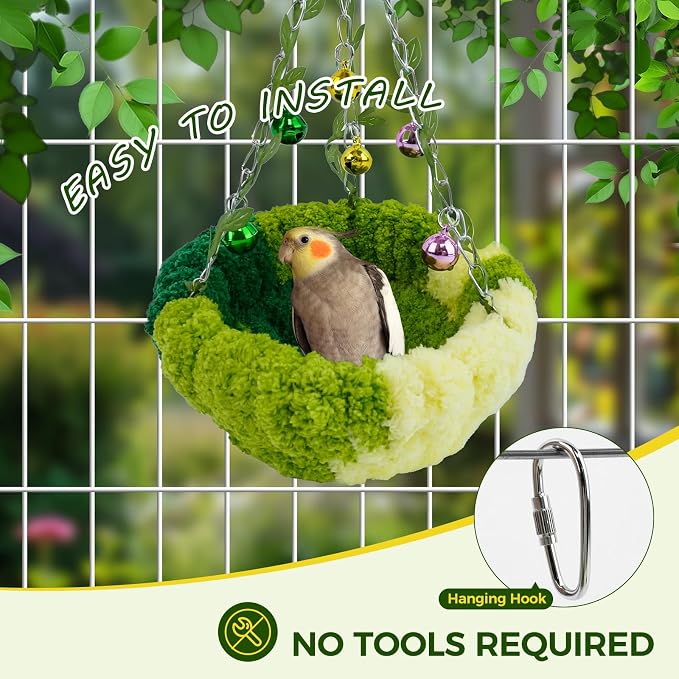 Bird Nest with Bell for Cage, Plush Hanging Bird Bed for Parakeet Indoor & - Image 3