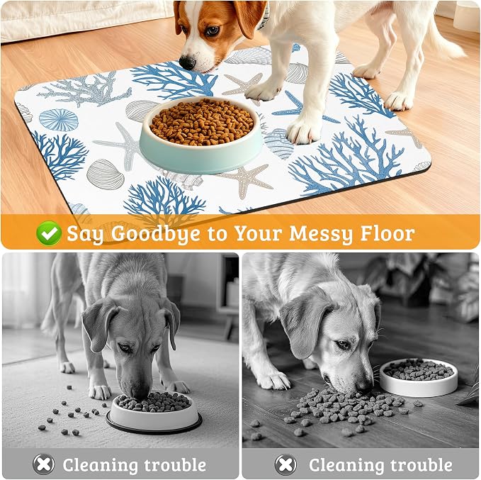 Seashell Beach Feeding Mat, Coral Starfish Absorbent Quick-Dry Cat Dog Food and - Image 4