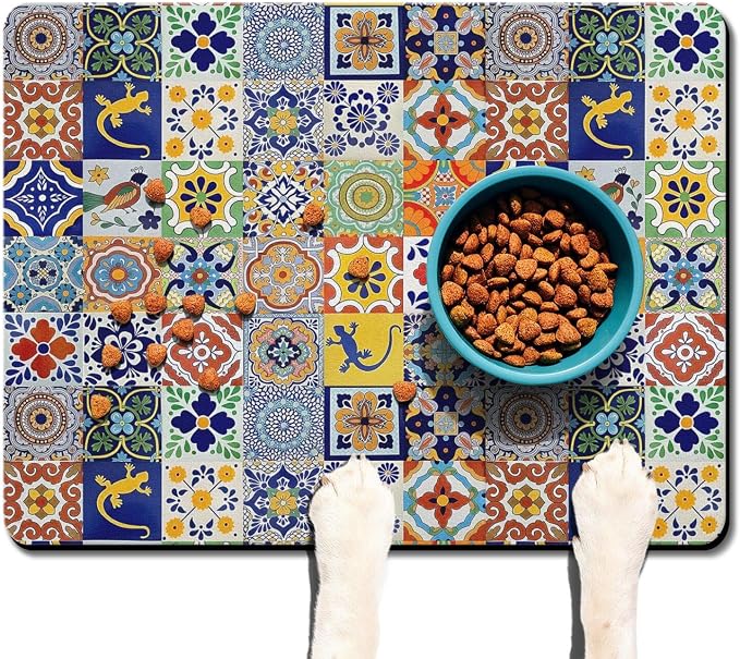 Moroccan Trellis Dog Food & Water Mat, Mexican Talavera Boho Colorful Pet - Image 2