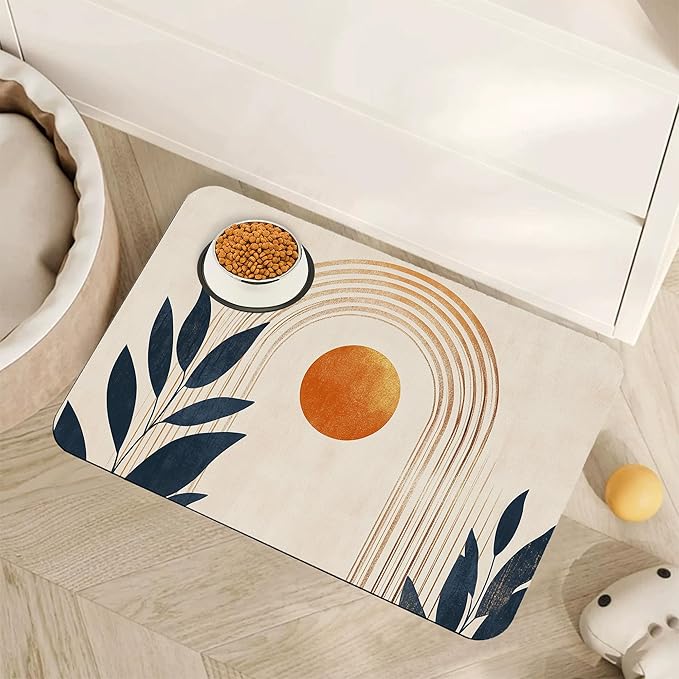 Sun Boho Leaf Dog Cat Food Mat, Absorbent Pet Feeding Mat by Unknown