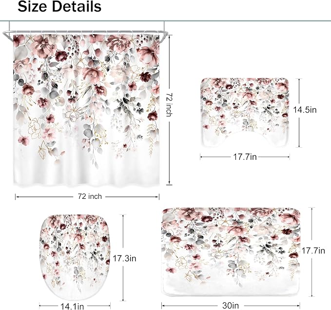 4 PCS Pink Floral Flower Shower Curtain Set 72Wx72H Inch Watercolor Pastel - Image 5