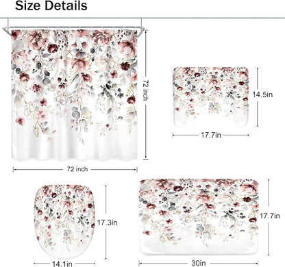 4 PCS Pink Floral Flower Shower Curtain Set 72Wx72H Inch Watercolor Pastel - Image 5