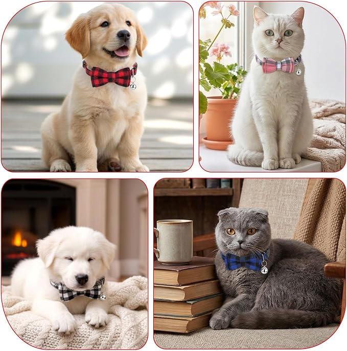 6Pcs Cats Bowtie Collar with Bell, Breakaway Cats Collars, Classic Plaid Kitten - Image 5