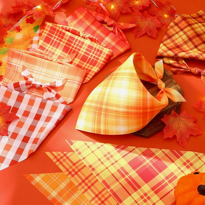 Abbylike 50 Pcs Orange Plaid Dog Bandanas Bulk Check Pattern Bandanas - Image 5