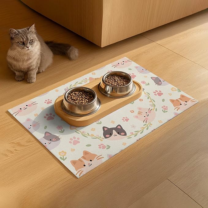 Cat Feeding Mat 24x16 inch Floral Ring Kitten Print Pet Bowl Placemat Non Slip - Image 9